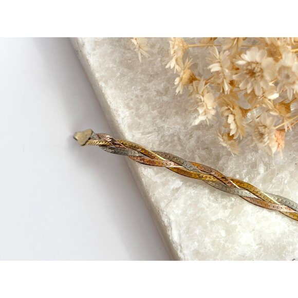 Italian HerringboneYellow Gold, Rose Gold & Silver 925 Vintage Bracelet - 7" - Picture 3 of 10